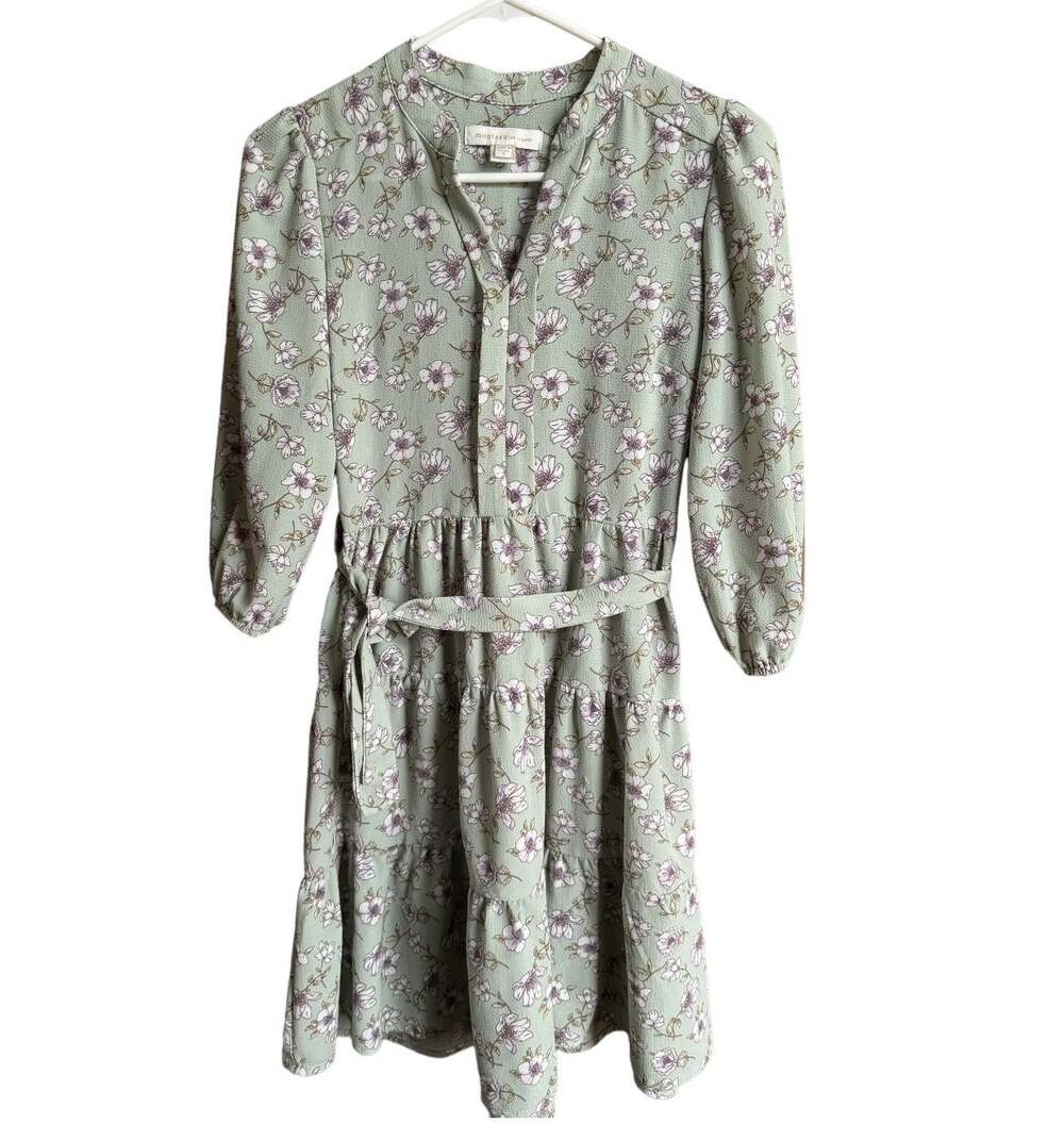 Monteau Los Angeles Green Floral Tiered Dress with belt & round neck size small